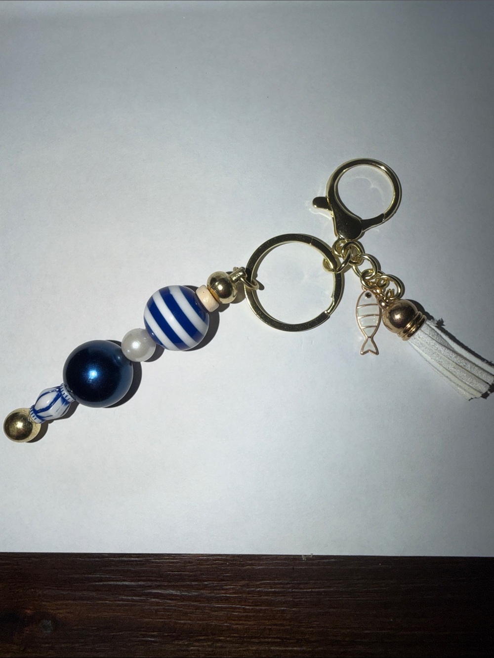 Striped Blue Bead Key & Card Holder with White Tassel